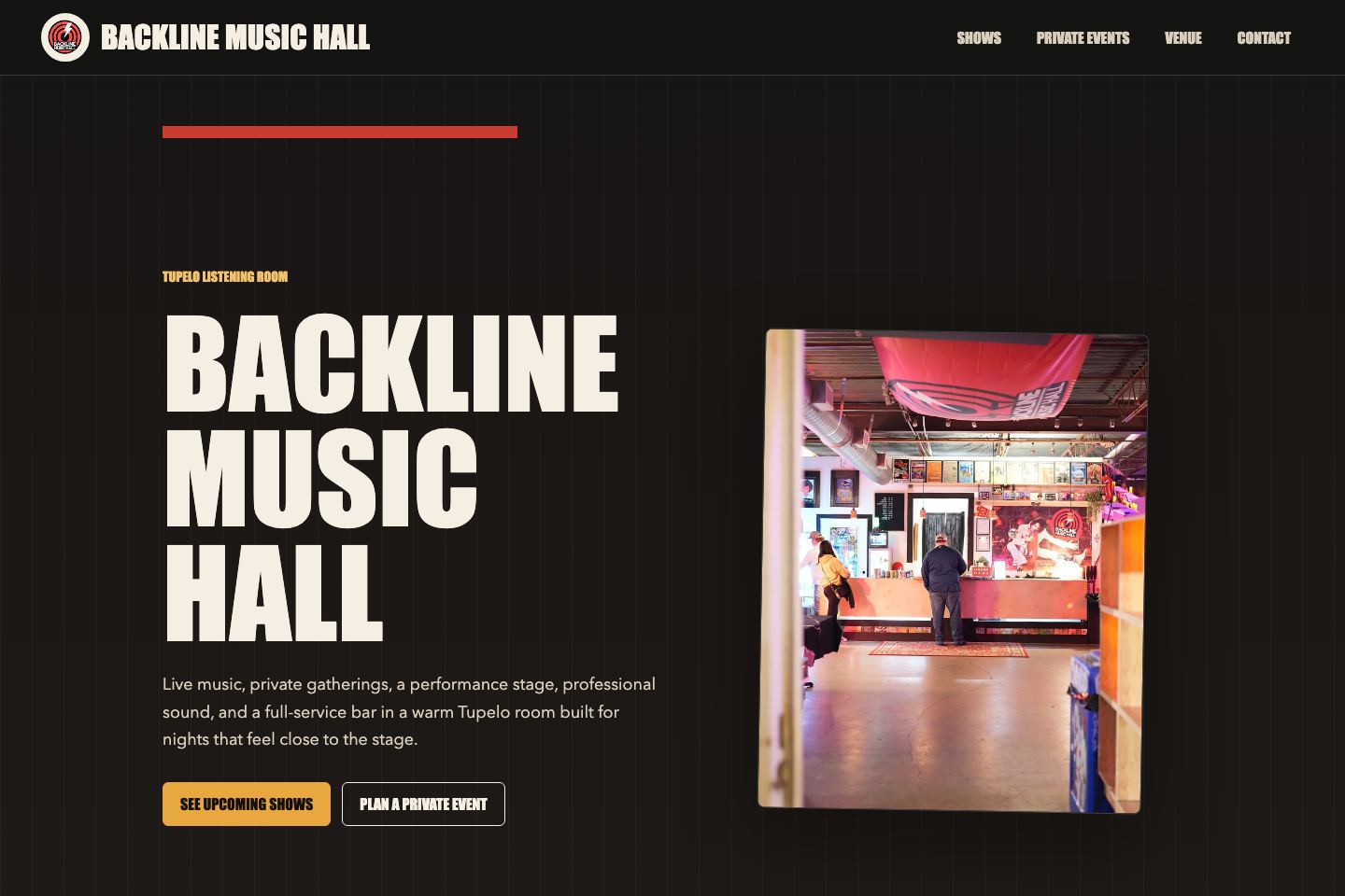 Website concept preview for Backline Music Hall